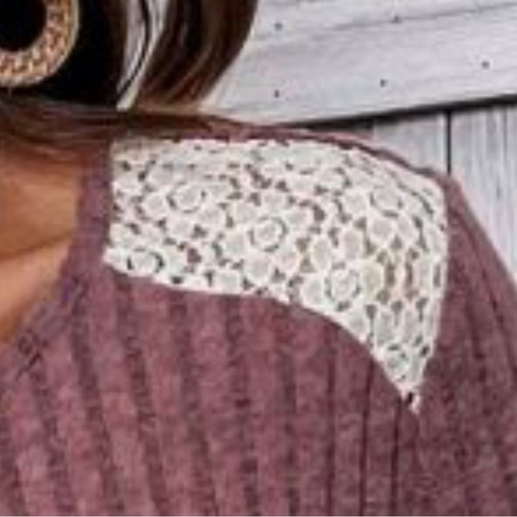 Pink/Mauve Ribbed Knit Lace Patch Shoulder Casual Sweater - Picture 7 of 9